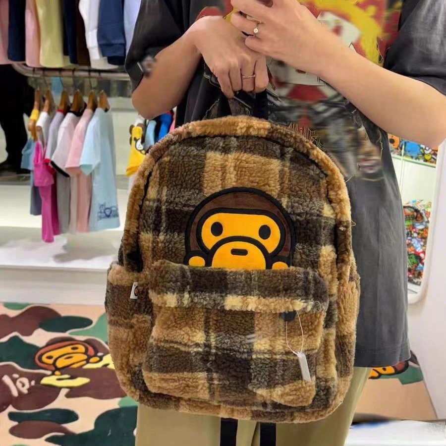 A BATHING APE Brown Plaid Fleece Backpack