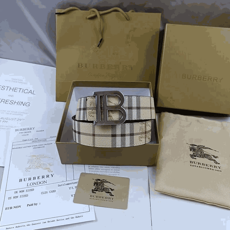 Burberry Beige Plaid Leather Belt