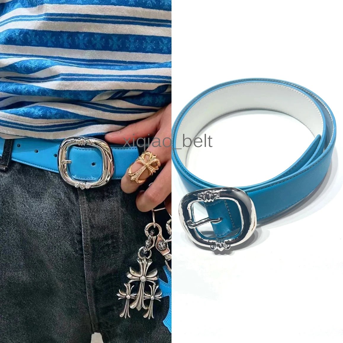 Chrome Hearts Blue Leather Belt with Silver Buckle