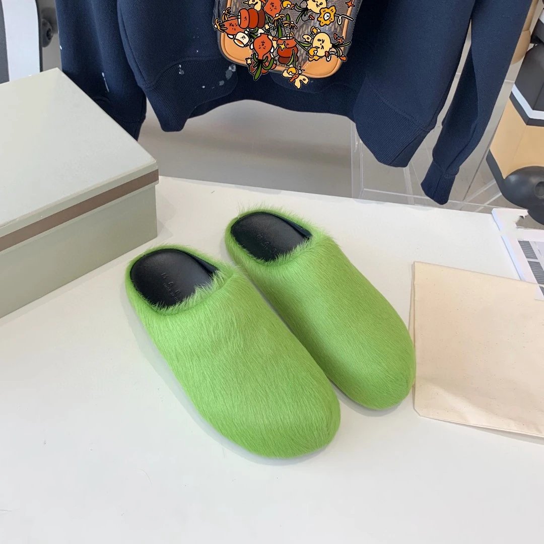 Green Furry Mule Slippers