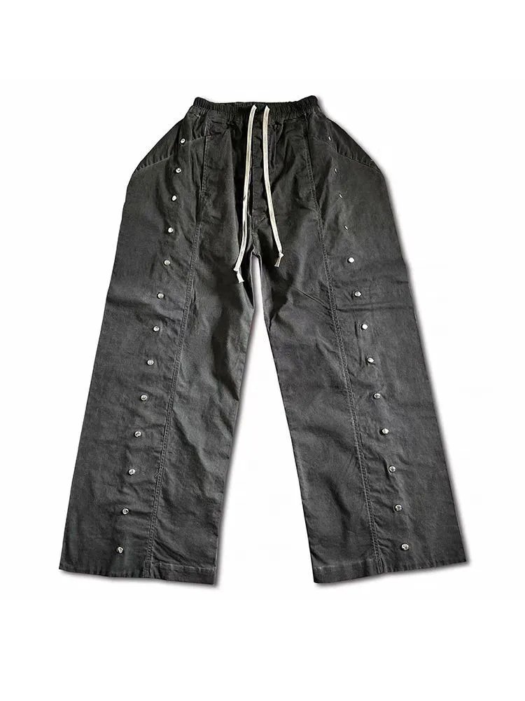 Black Wide-Leg Pants with Side Buttons and Drawstring Waist