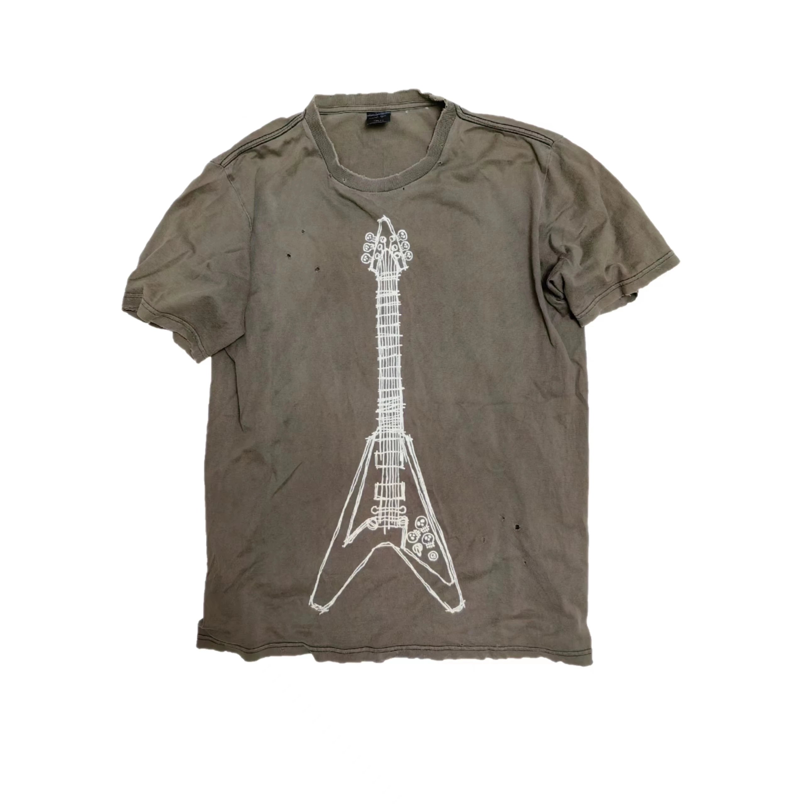 Vintage Olive Green T-Shirt with Guitar Print