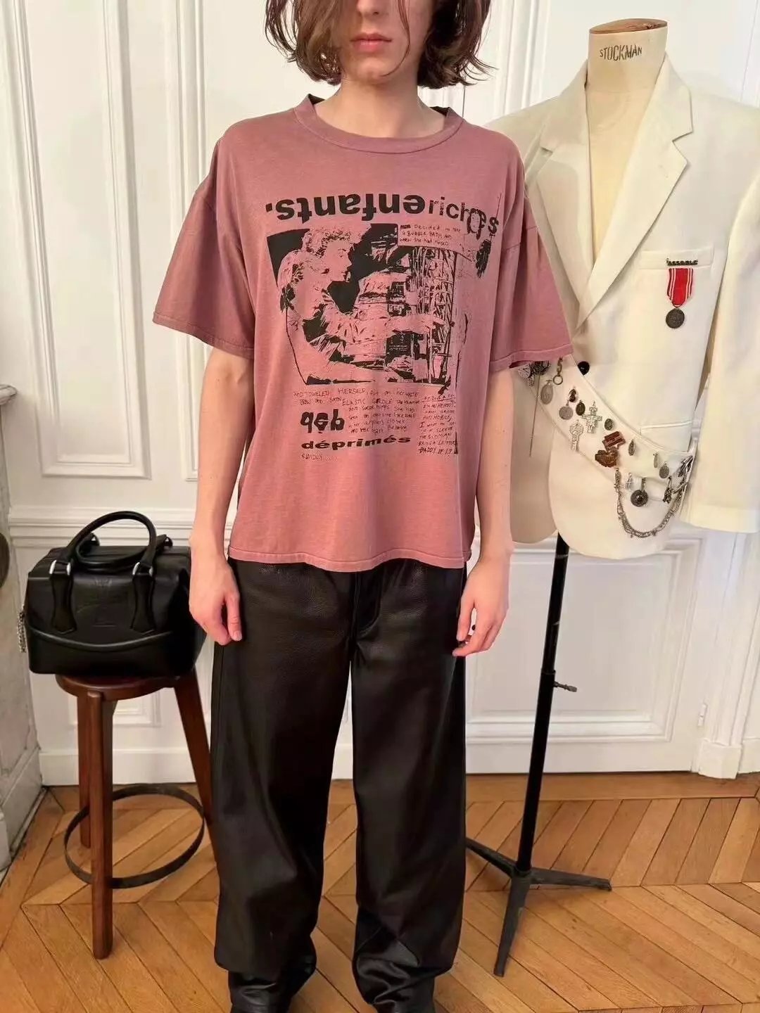 Pink Graphic Print T-Shirt with Black Leather Pants