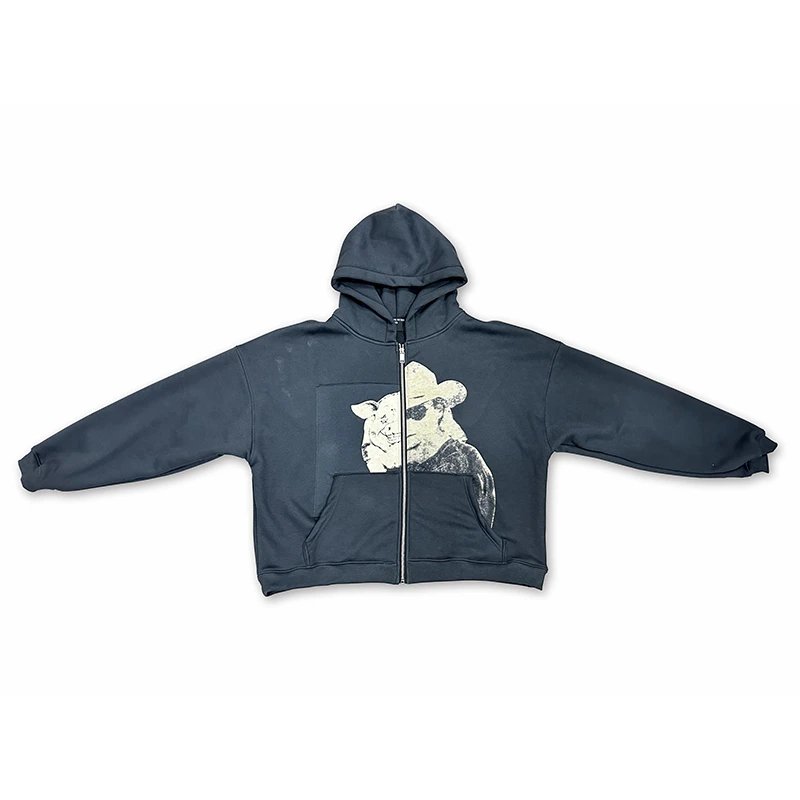 Black Zip-Up Hoodie with Graphic Design