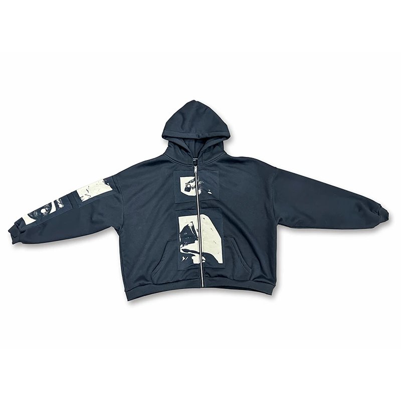 Black Zip-Up Hoodie with Graphic Panels