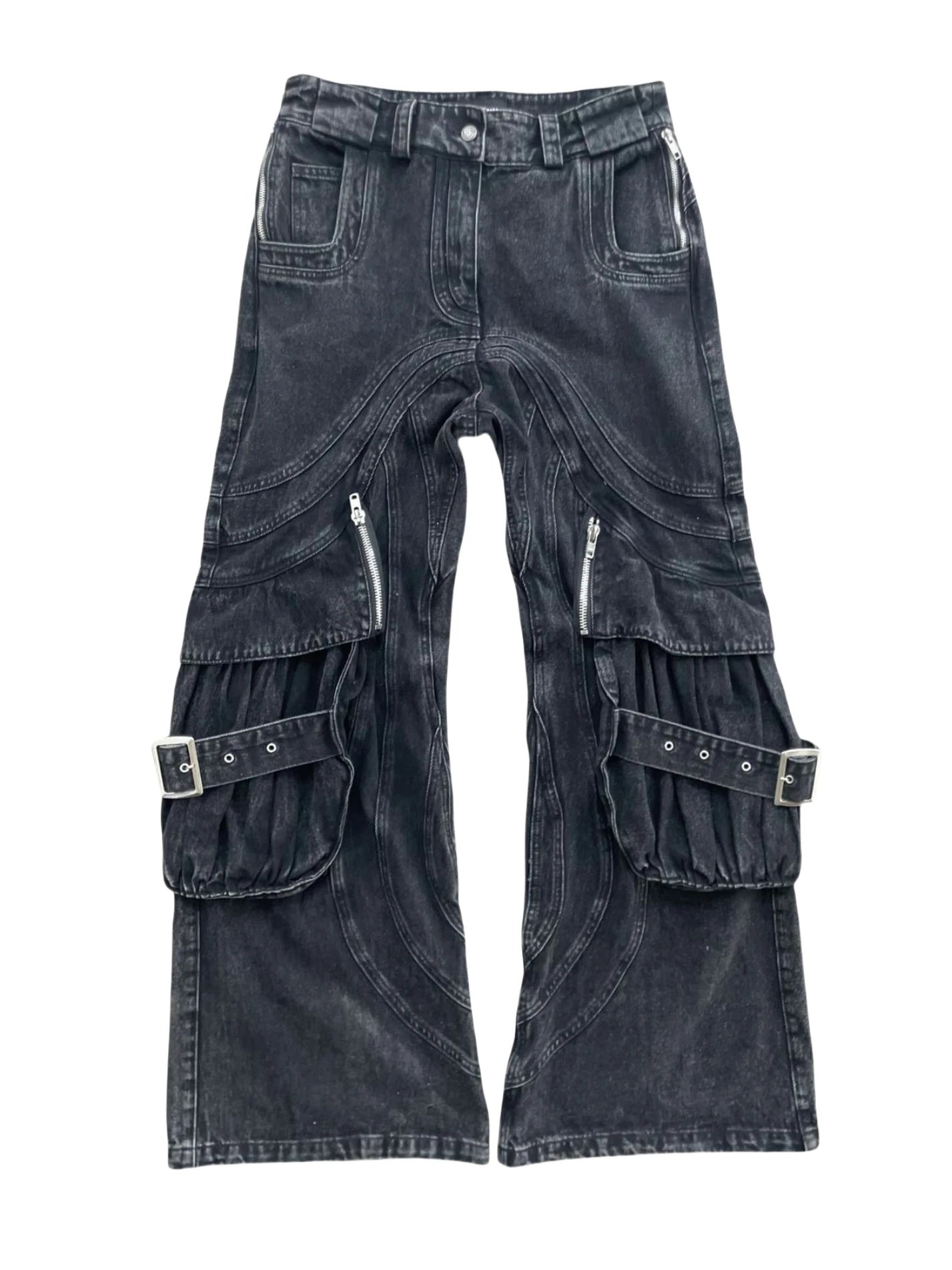 Black Cargo Denim Flare Pants