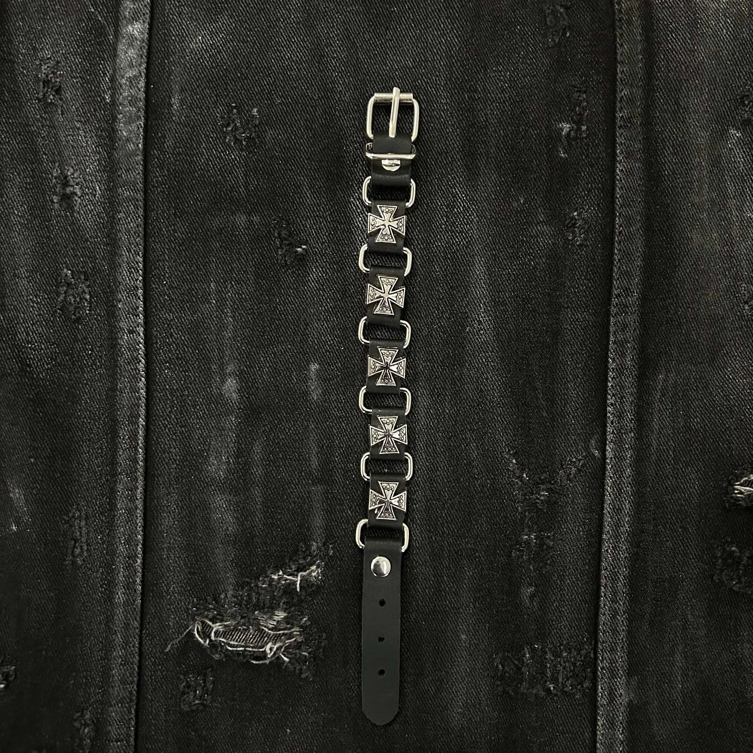 Black Leather Bracelet with Silver Cross Accents
