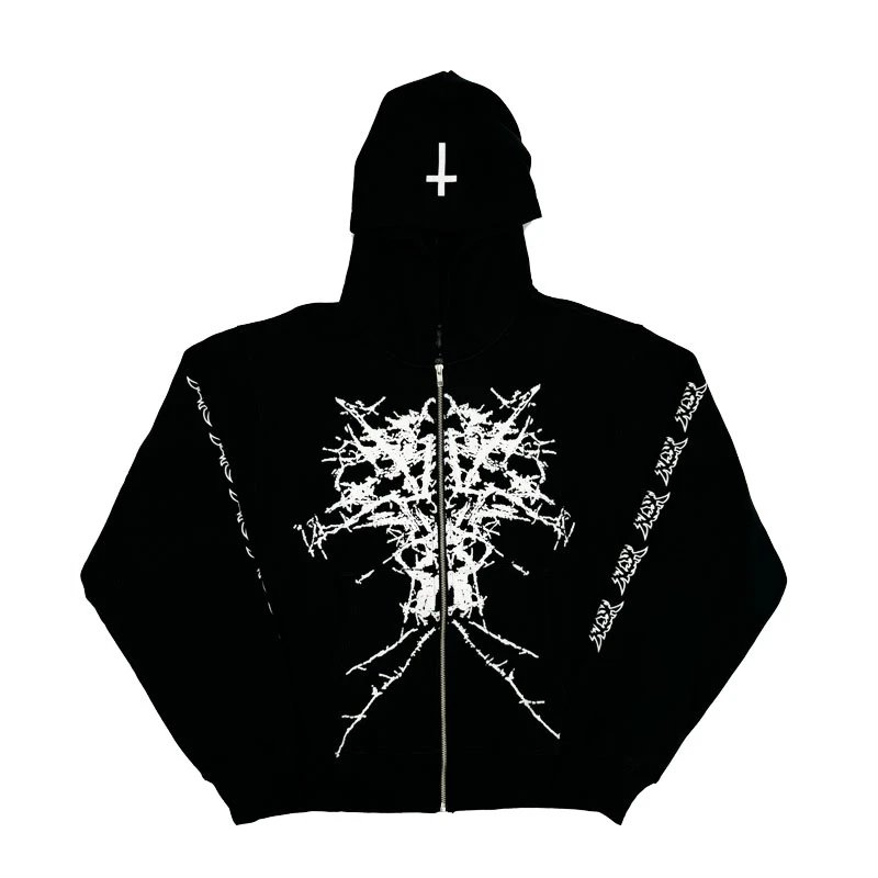 Black Zip-Up Hoodie with Cross and Tree Design
