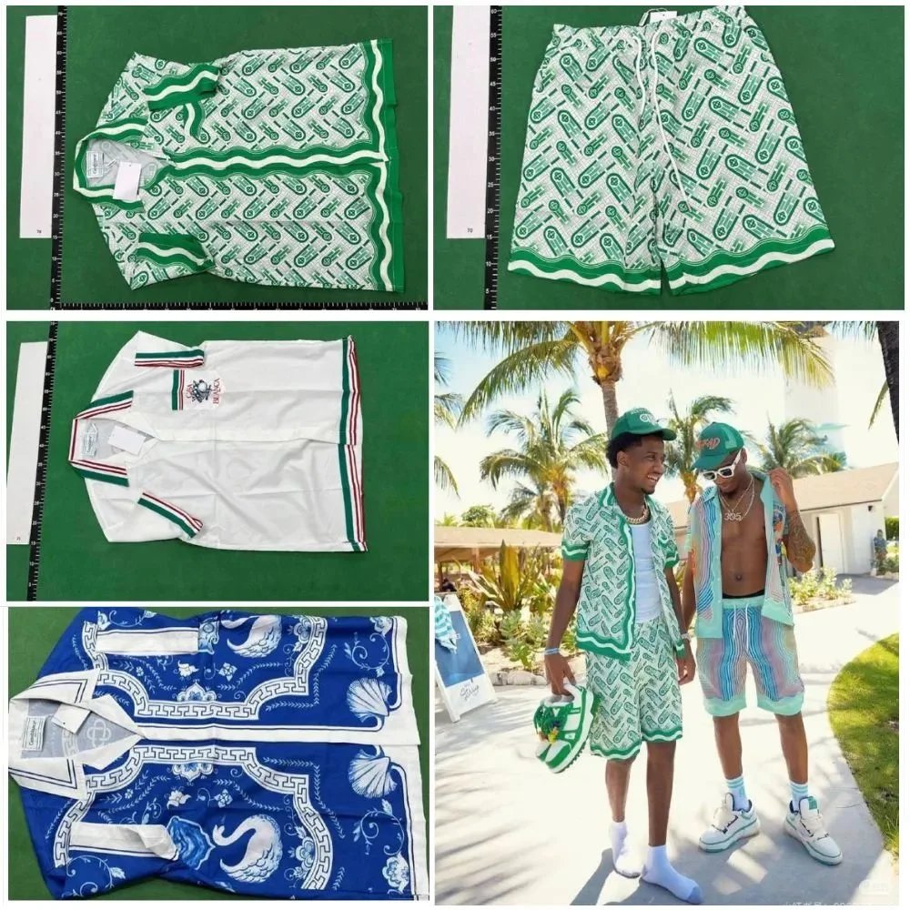 Green Patterned Shorts and White Short Sleeve Shirt Set