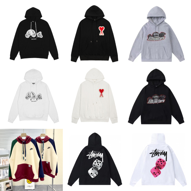 Diverse Hoodies in Black, White, Grey, and Multicolor Designs