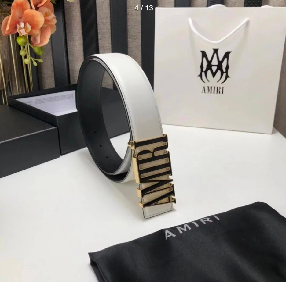 Amiri White Leather Belt with Gold Buckle