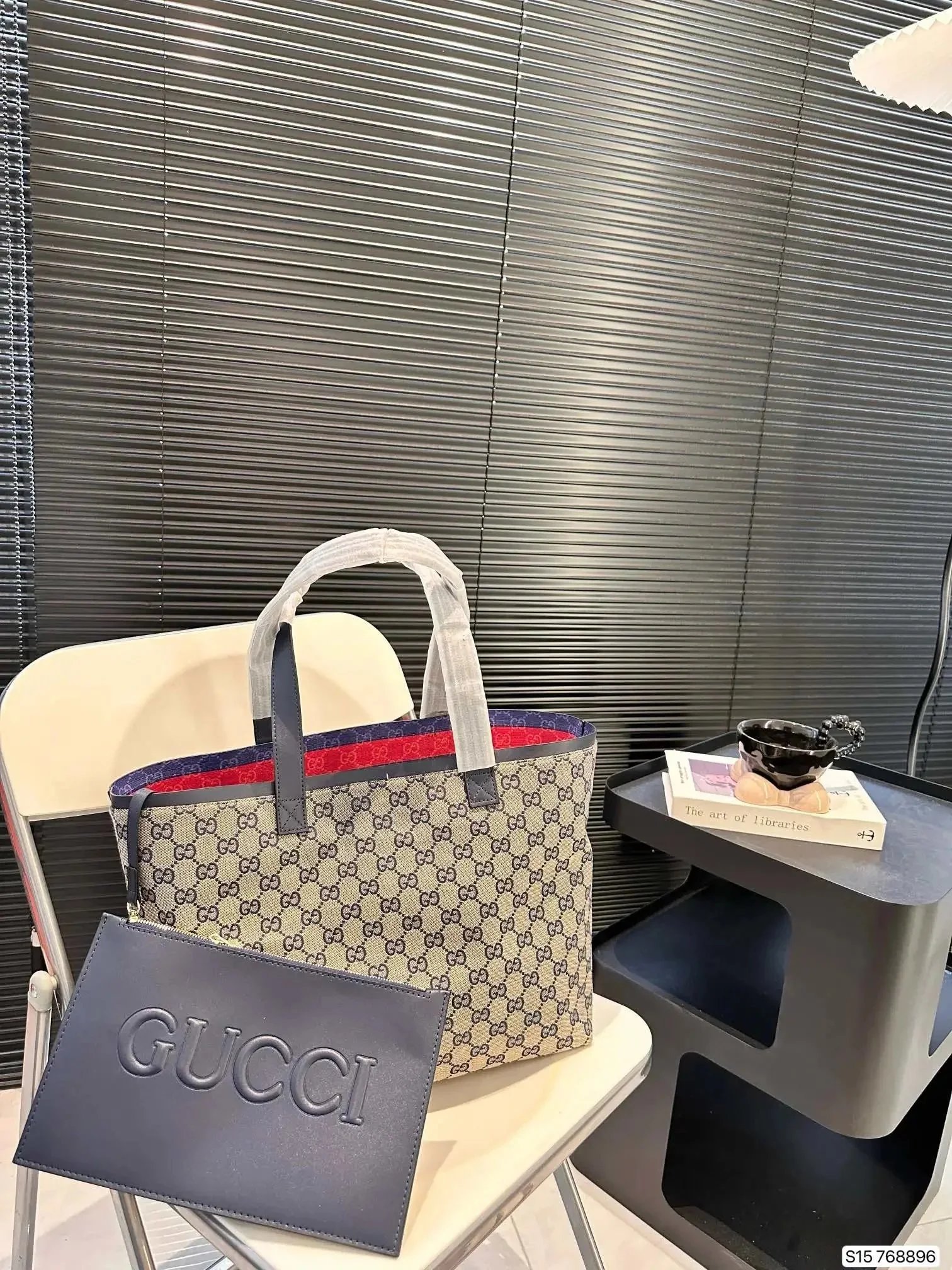 Gucci Beige Monogram Tote Bag with Navy Trim