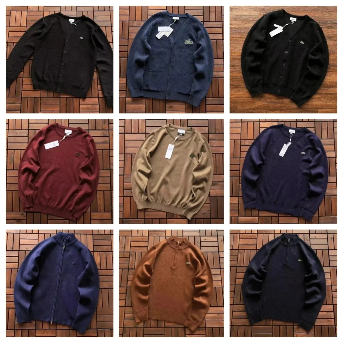 Lacoste Black Cardigan, Blue Sweater, Burgundy Knit, Beige Crewneck, Navy Zip-Up, Brown Half-Zip, Dark Purple Jacket