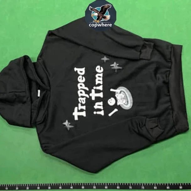 Black Hoodie with 'Trapped in Time' Text Design