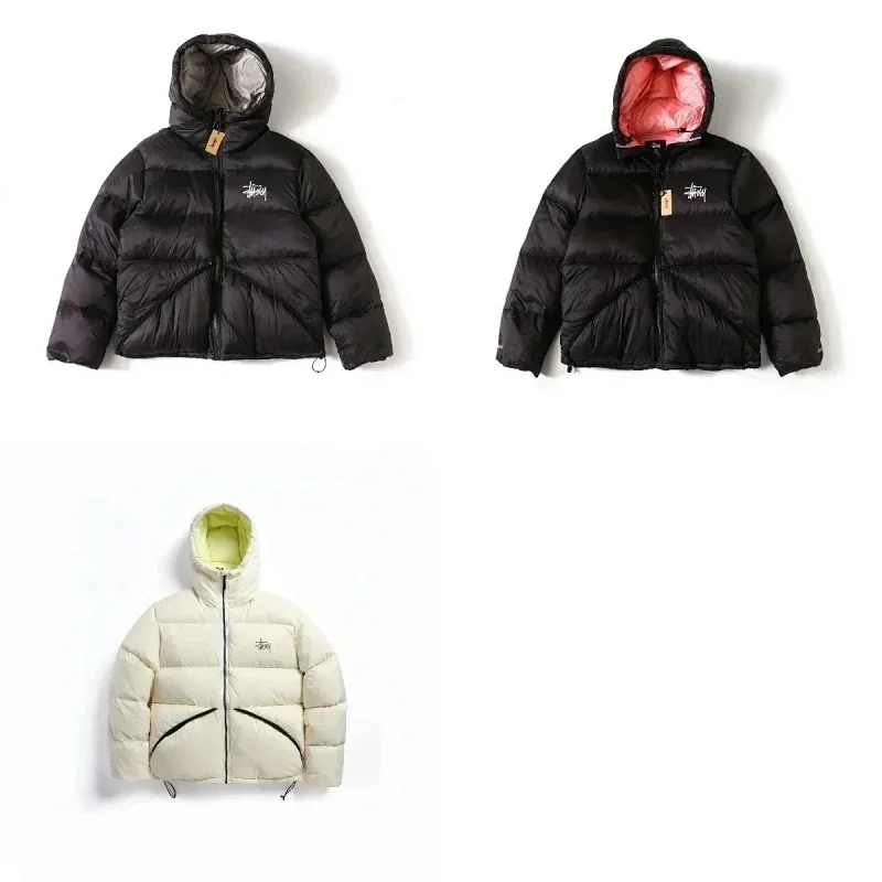 Stussy Black and Cream Puffer Jackets with Hood