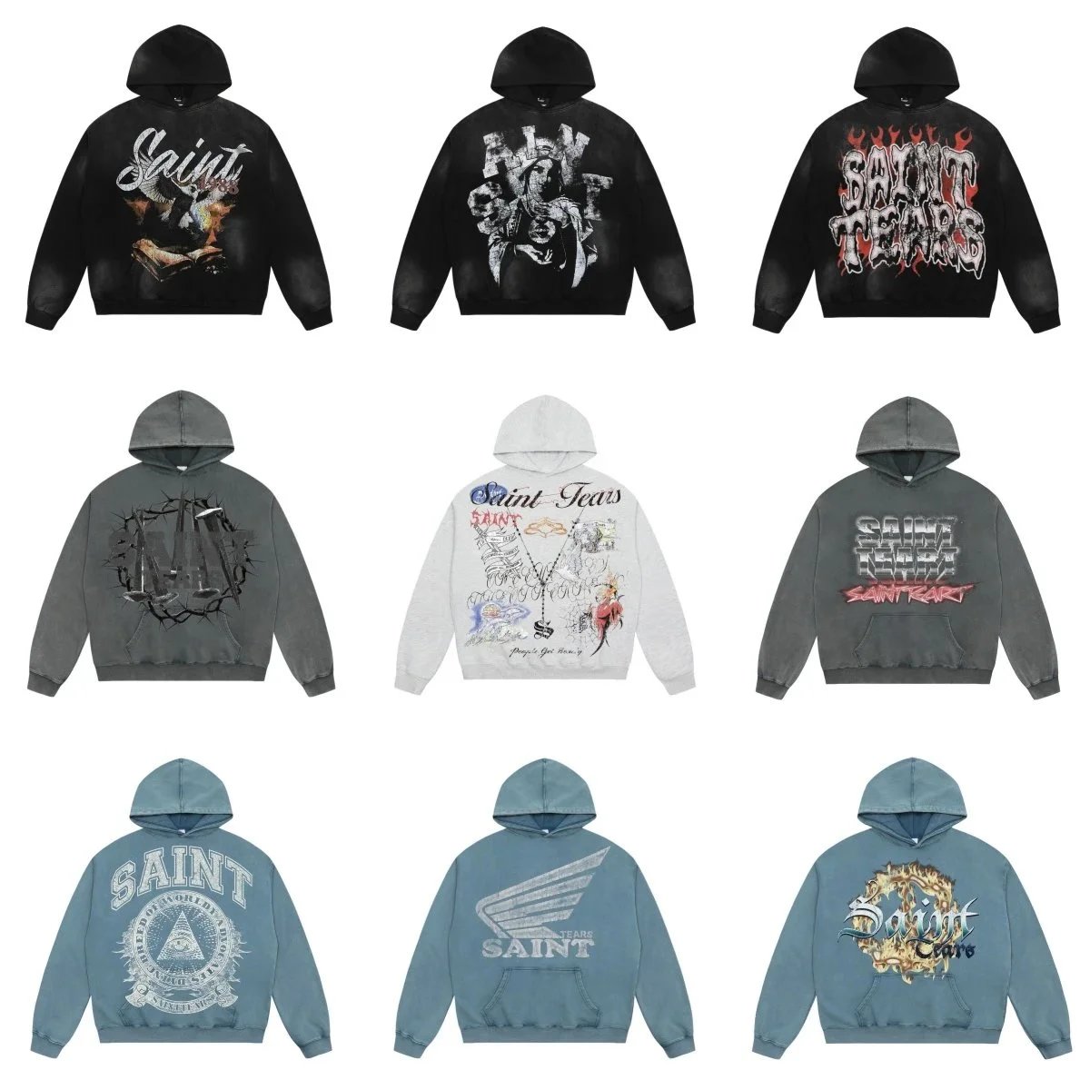 Saint Tears Black Hoodie with Distressed Graphic Design