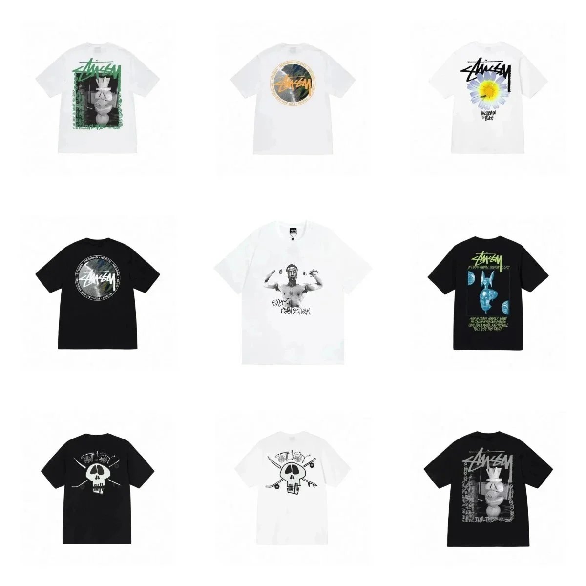 Stussy White and Black Graphic T-Shirt Collection