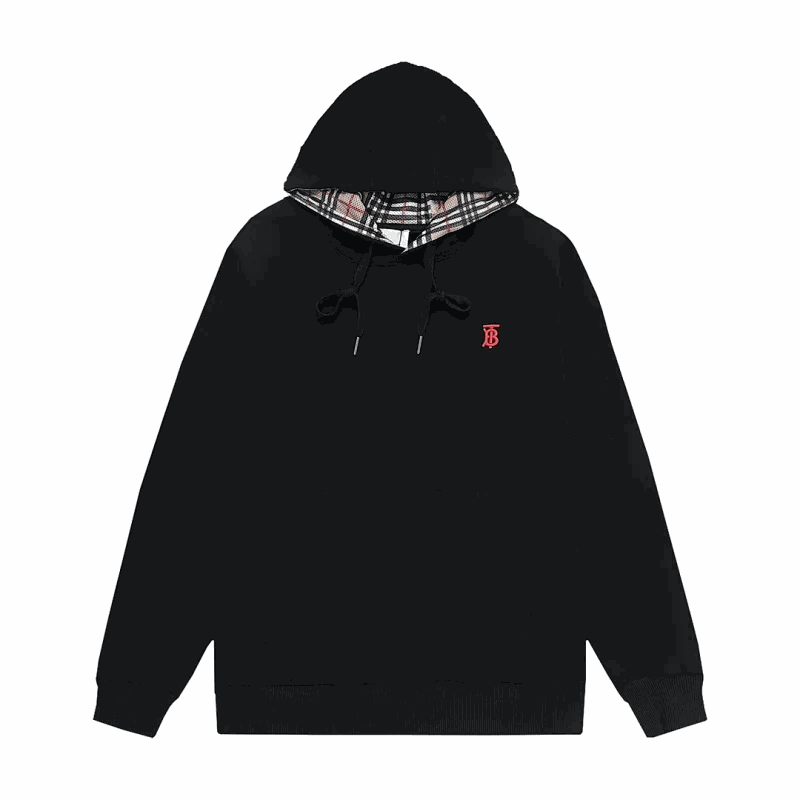 Burberry Black Hoodie with Plaid Lining and Red TB Logo