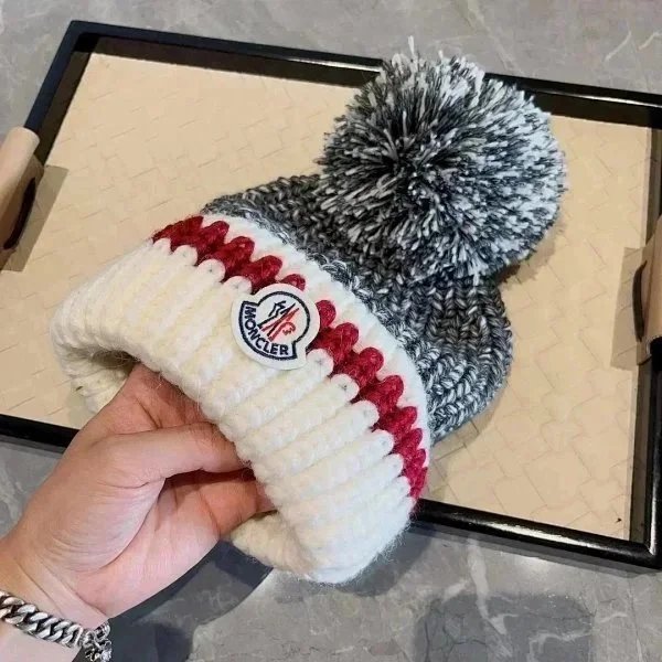 Moncler Grey and White Knit Beanie with Pom-Pom