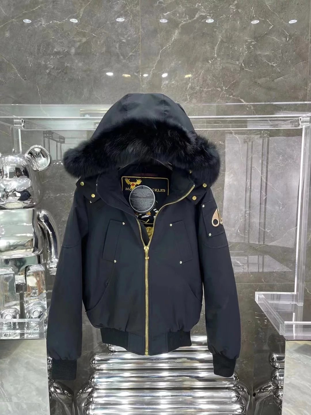 Mackage Black Bomber Jacket with Fur Hood