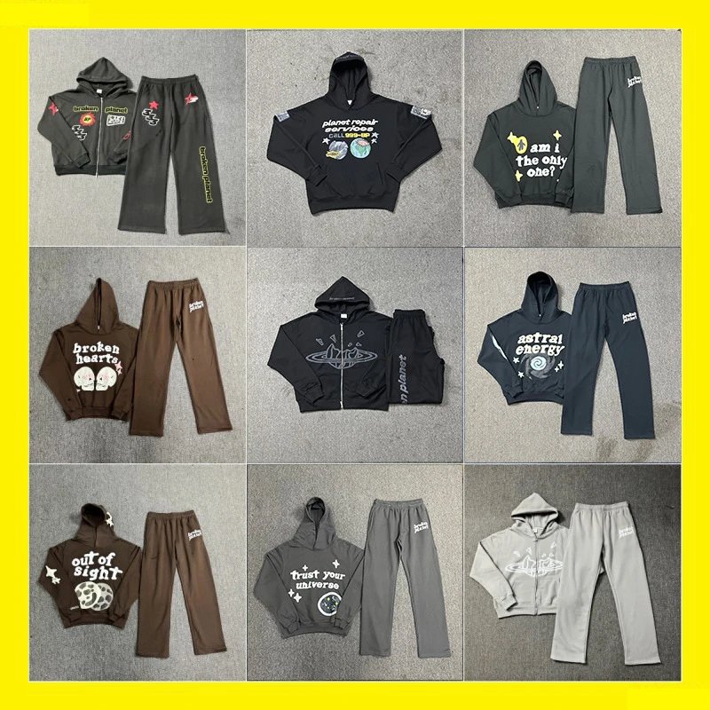 Black Hoodie and Pants Set with Planet Print