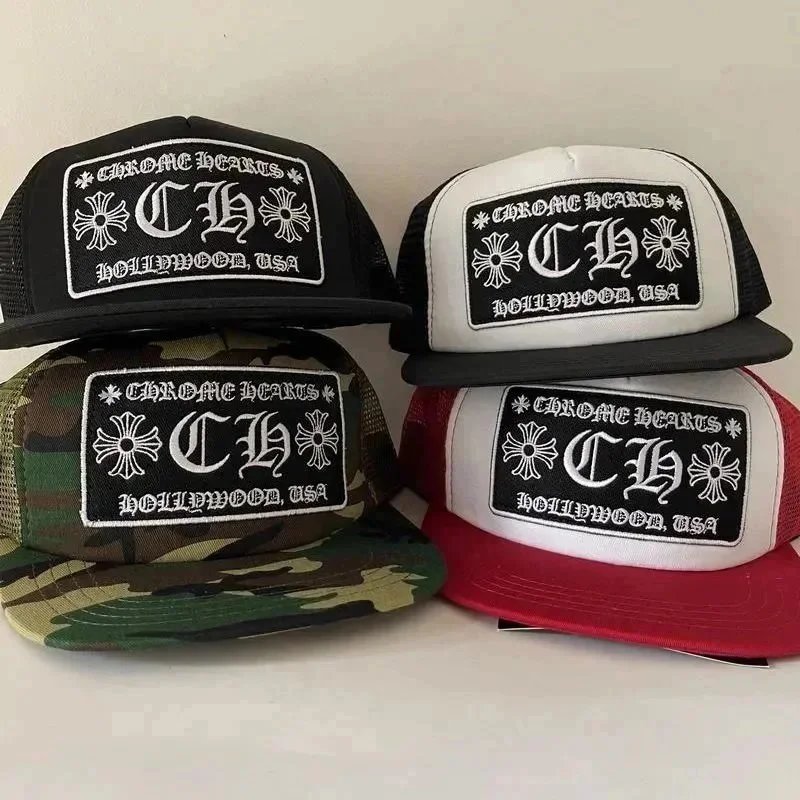 Chrome Hearts Trucker Hats in Black, White, Camo, and Red