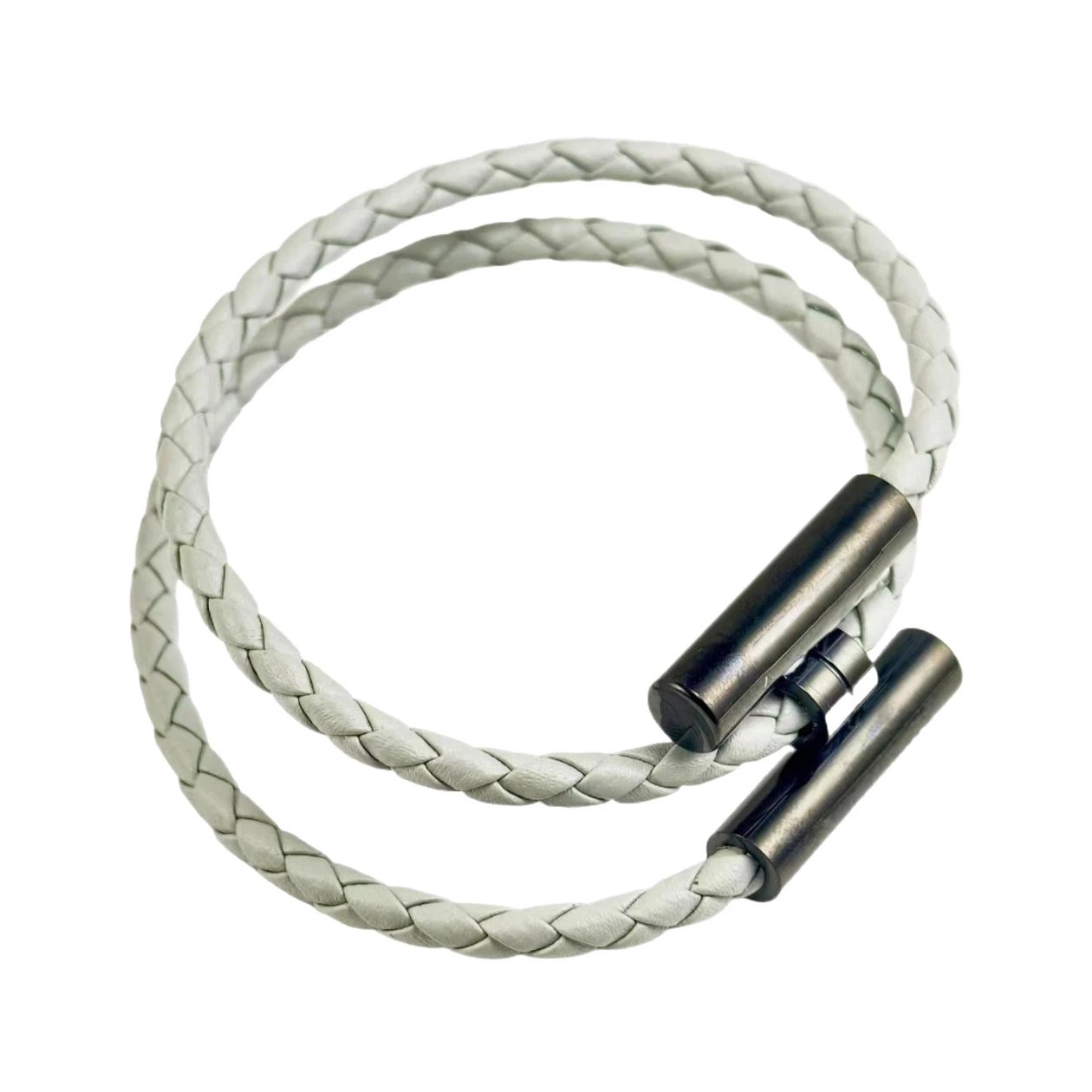 White Braided Leather Bracelet with Metal Clasp