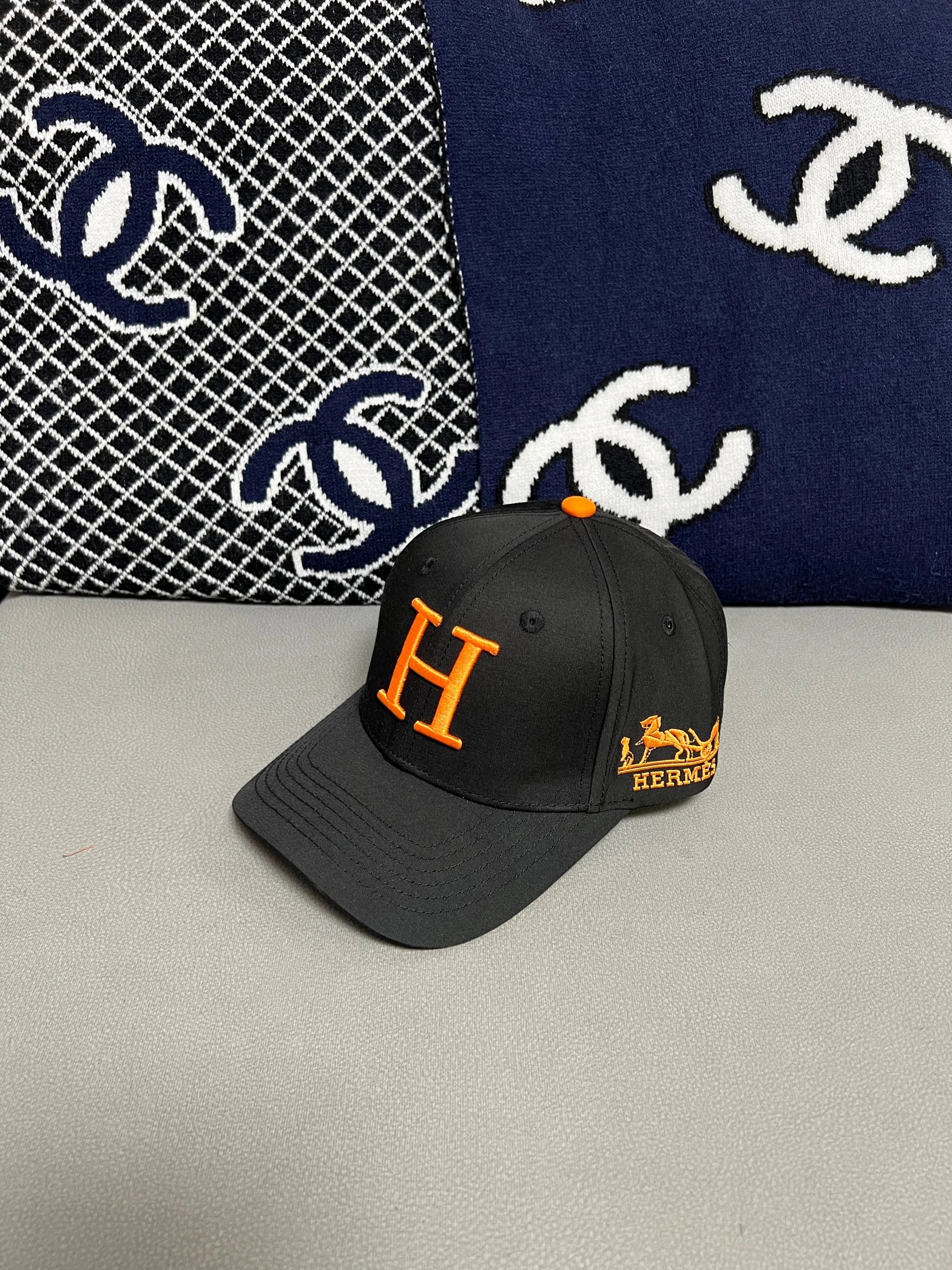 Hermes Black Cap with Orange Embroidery