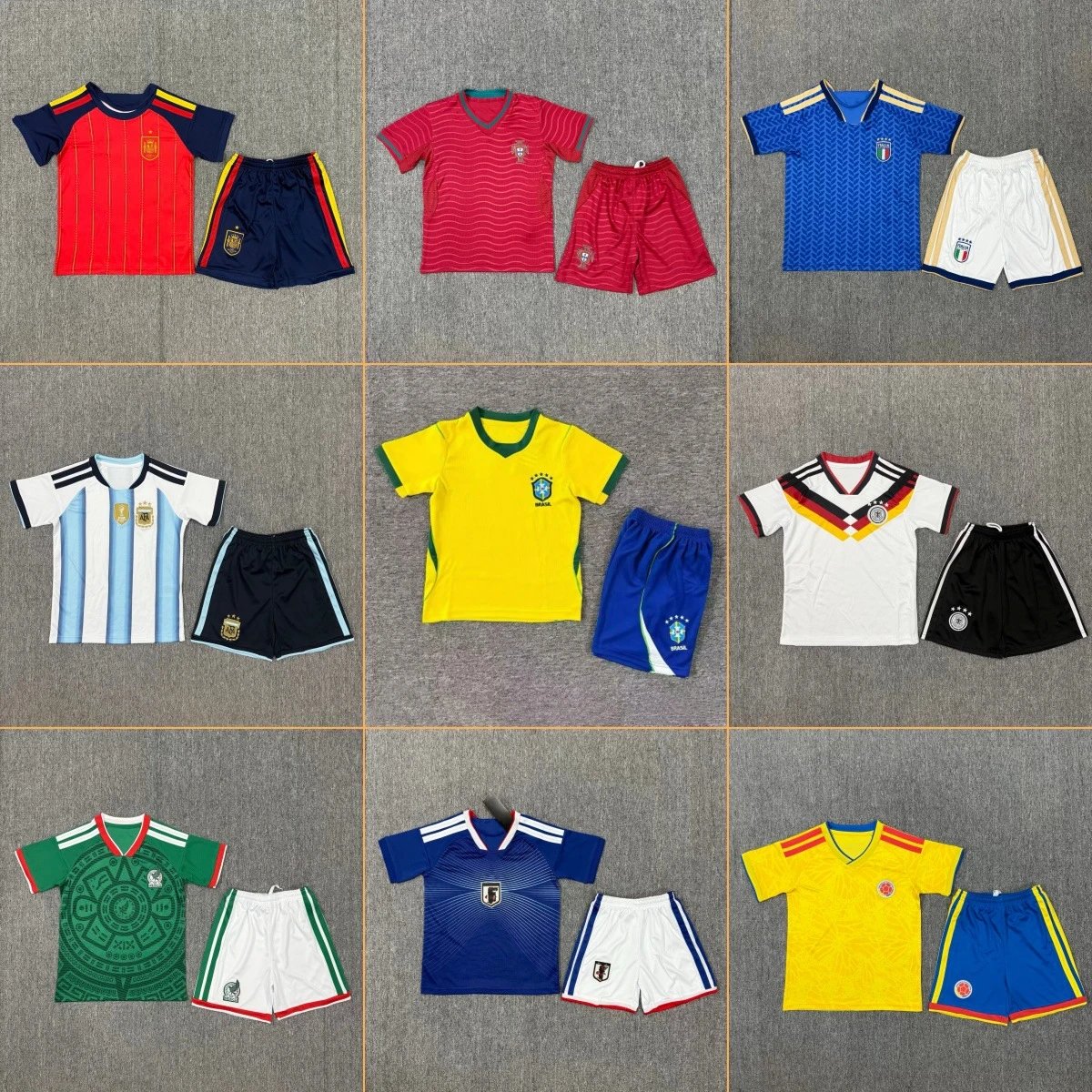 Kids Soccer Jersey and Shorts Sets in Various National Team Designs