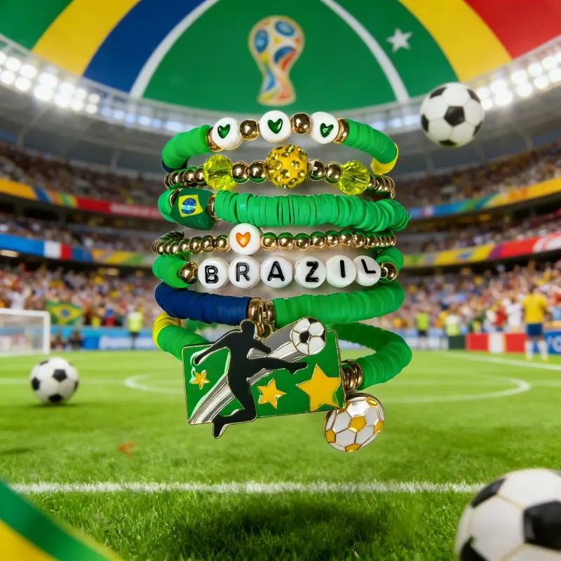 Brazil Soccer Bracelet Set with Enamel Charm and Beads