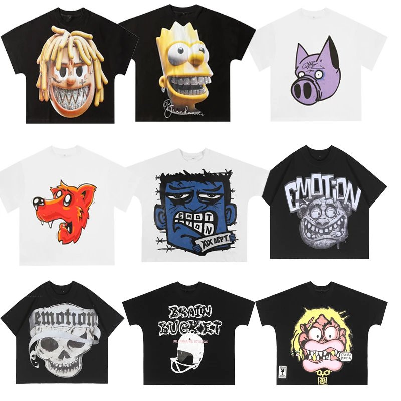 Graphic Print T-Shirts in Black and White with Various Designs
