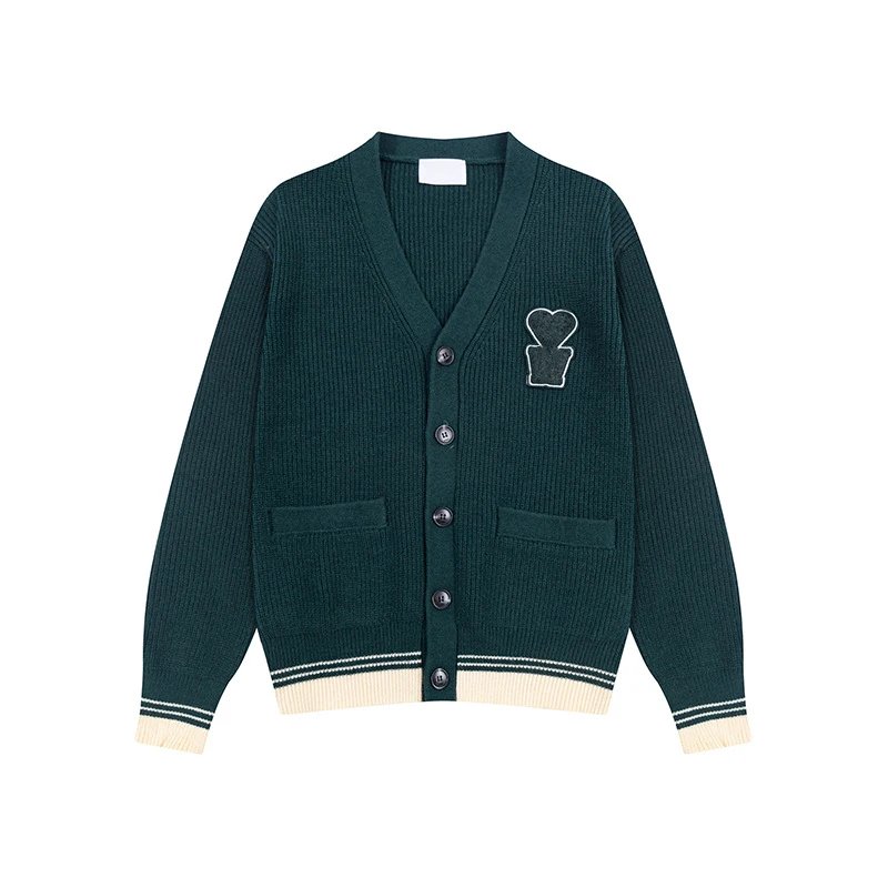 Dark Green V-Neck Knit Cardigan
