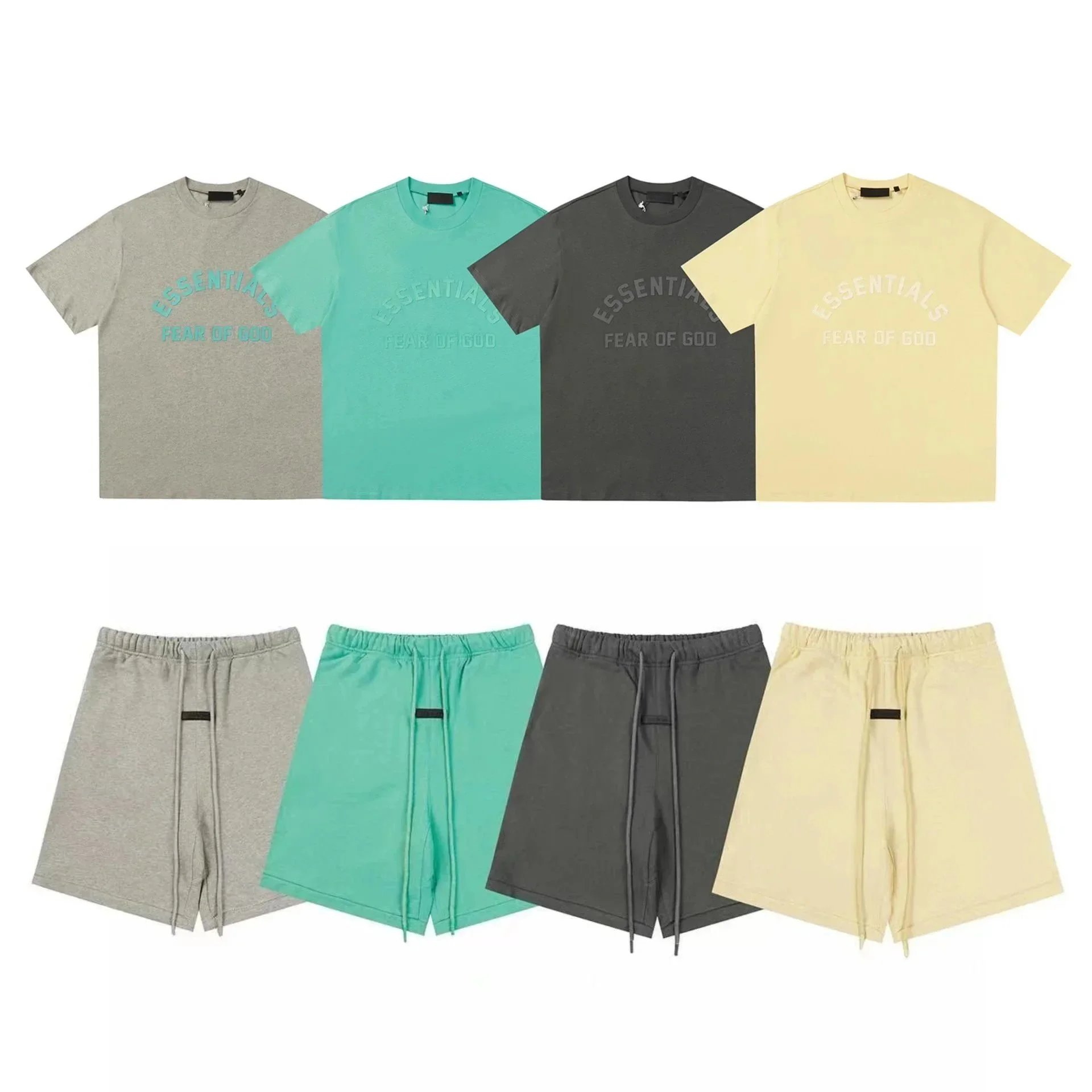 Fear of God Essentials T-Shirt and Shorts Set in Grey, Teal, Black, and Yellow