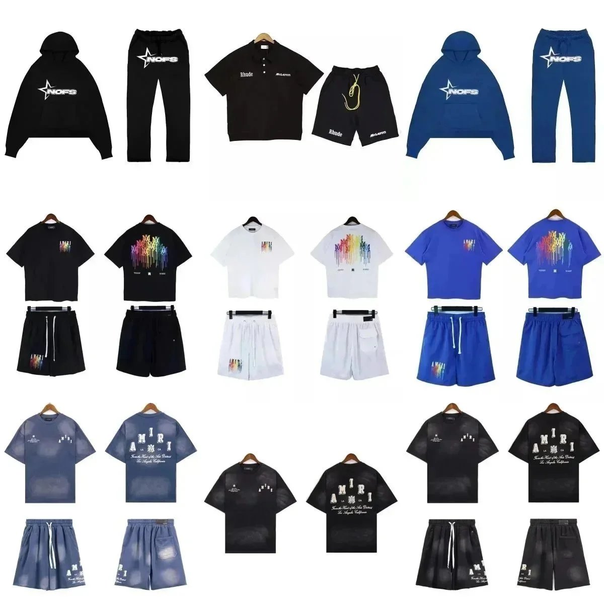 Nops Black Hoodie and Pants Set with AMIRI Colorful Print T-Shirt and Shorts Combo