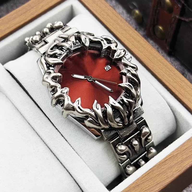 Silver Flame Design Watch with Red Dial