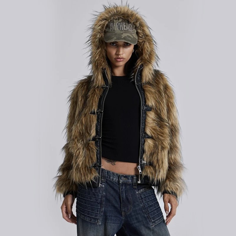 Faux Fur Hooded Jacket with Zipper Closure