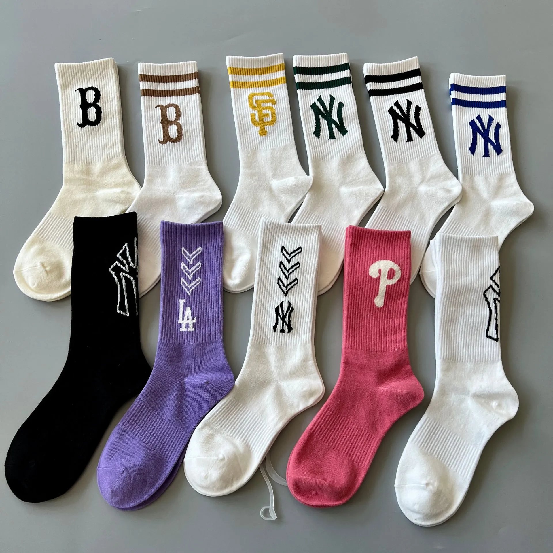 MLB White and Color Embroidered Crew Socks