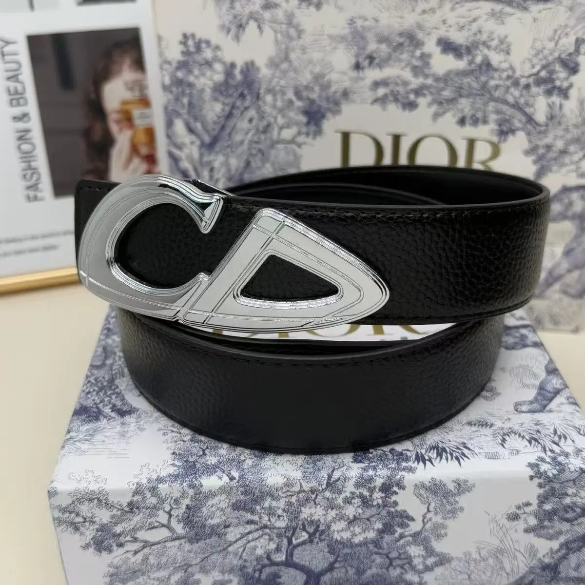 Dior Black Leather Belt with Silver Buckle