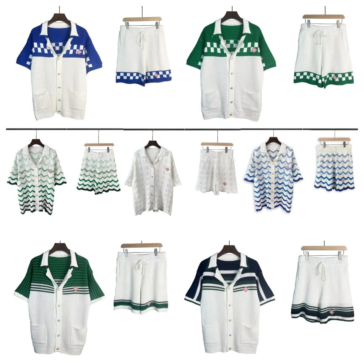 Knit Cardigan and Shorts Sets in Blue, Green, and White