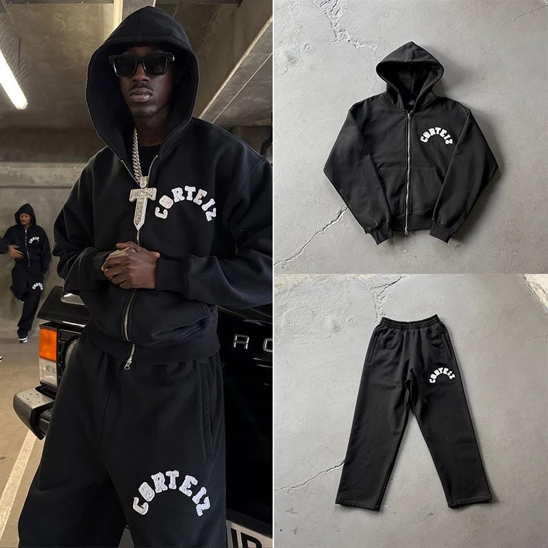 Cortez Black Zip-Up Hoodie and Sweatpants Set