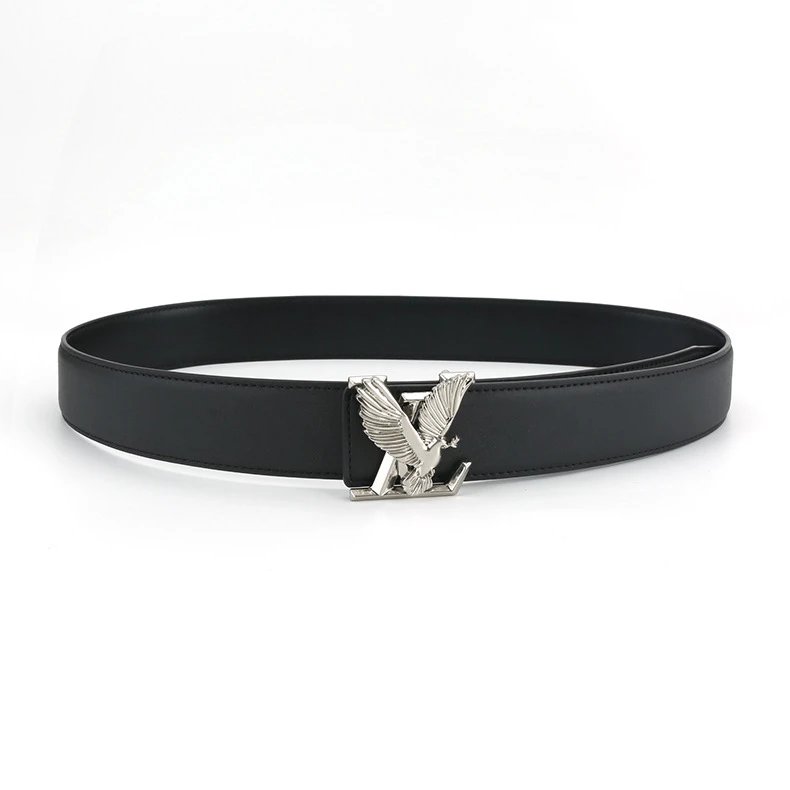 Louis Vuitton Black Leather Belt with Silver Eagle Buckle