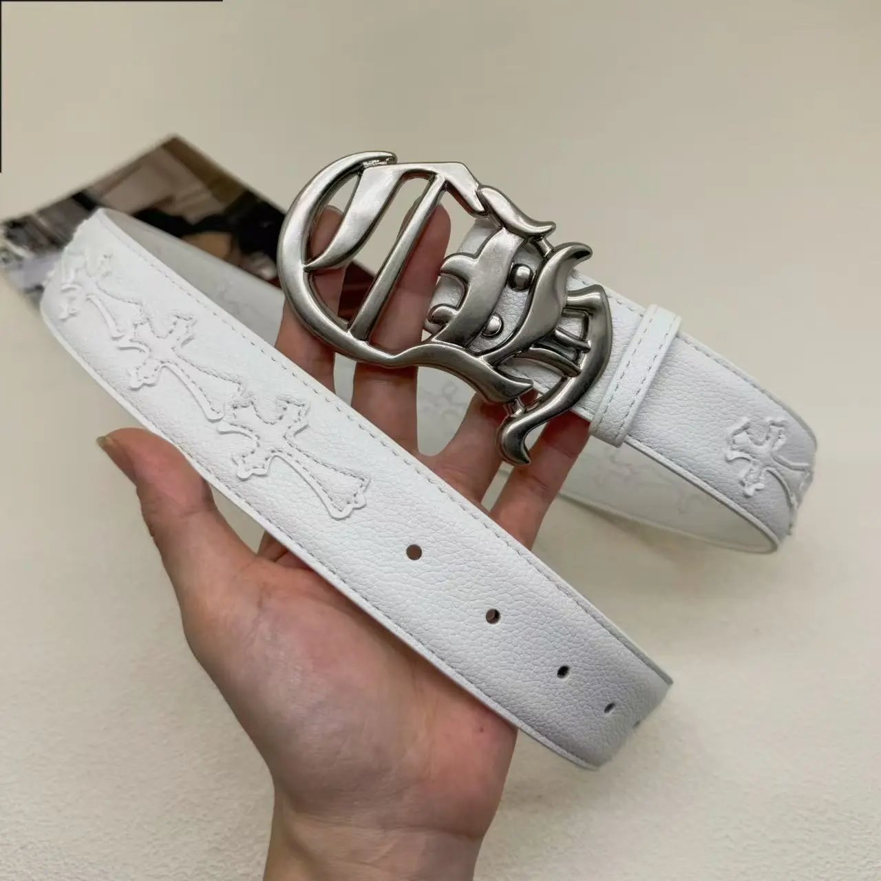 White Leather Belt with Silver Buckle