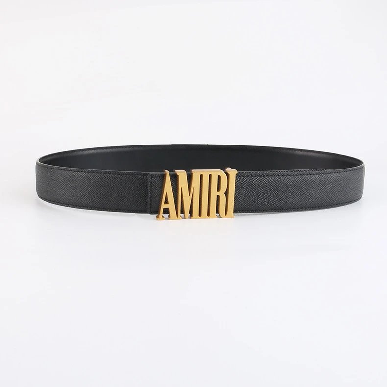 Amiri Black Leather Belt with Gold Buckle