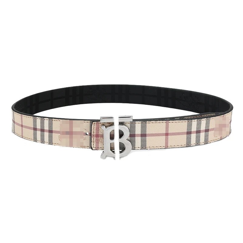 Burberry Beige Plaid Belt with Silver Buckle