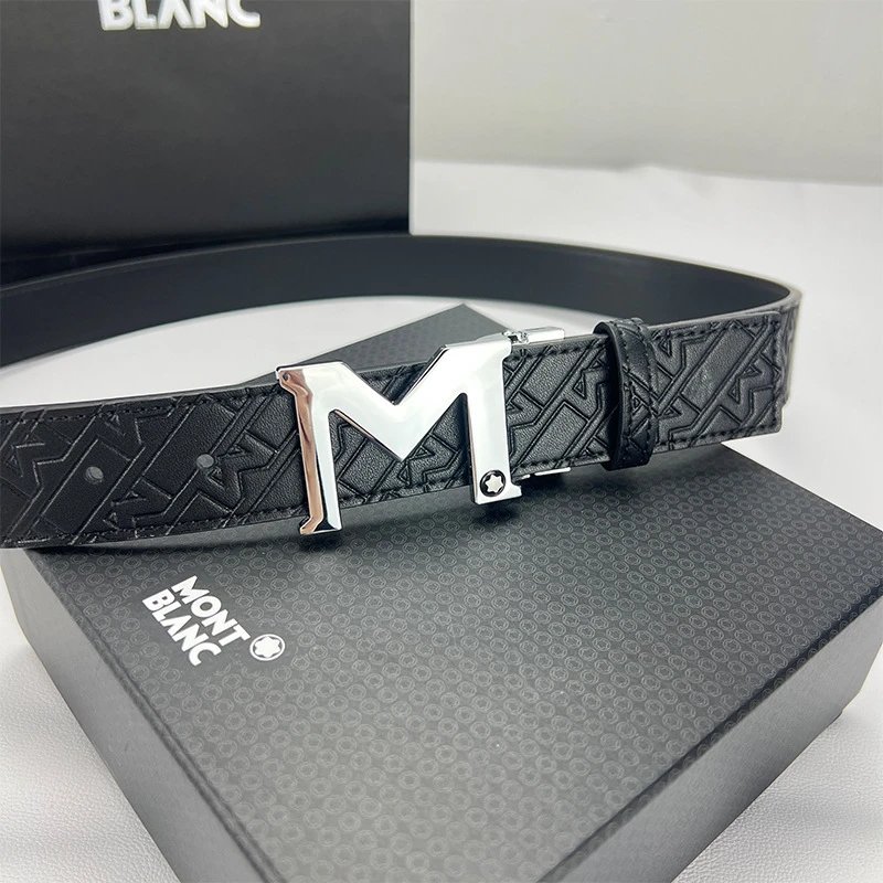 Montblanc Black Leather Belt with Silver Buckle