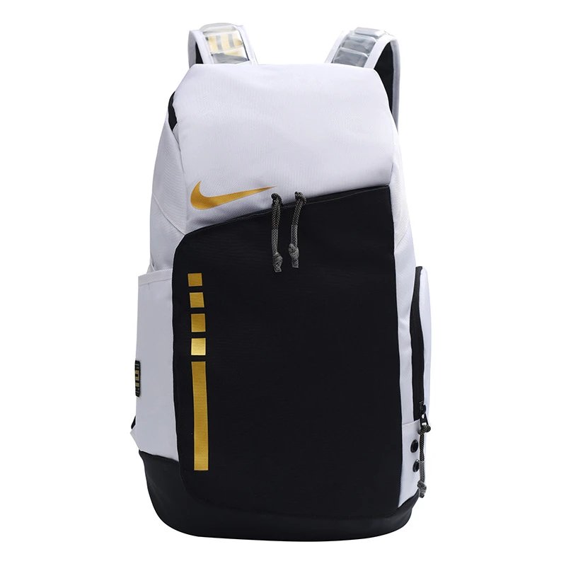 Nike White and Black Backpack with Gold Swoosh