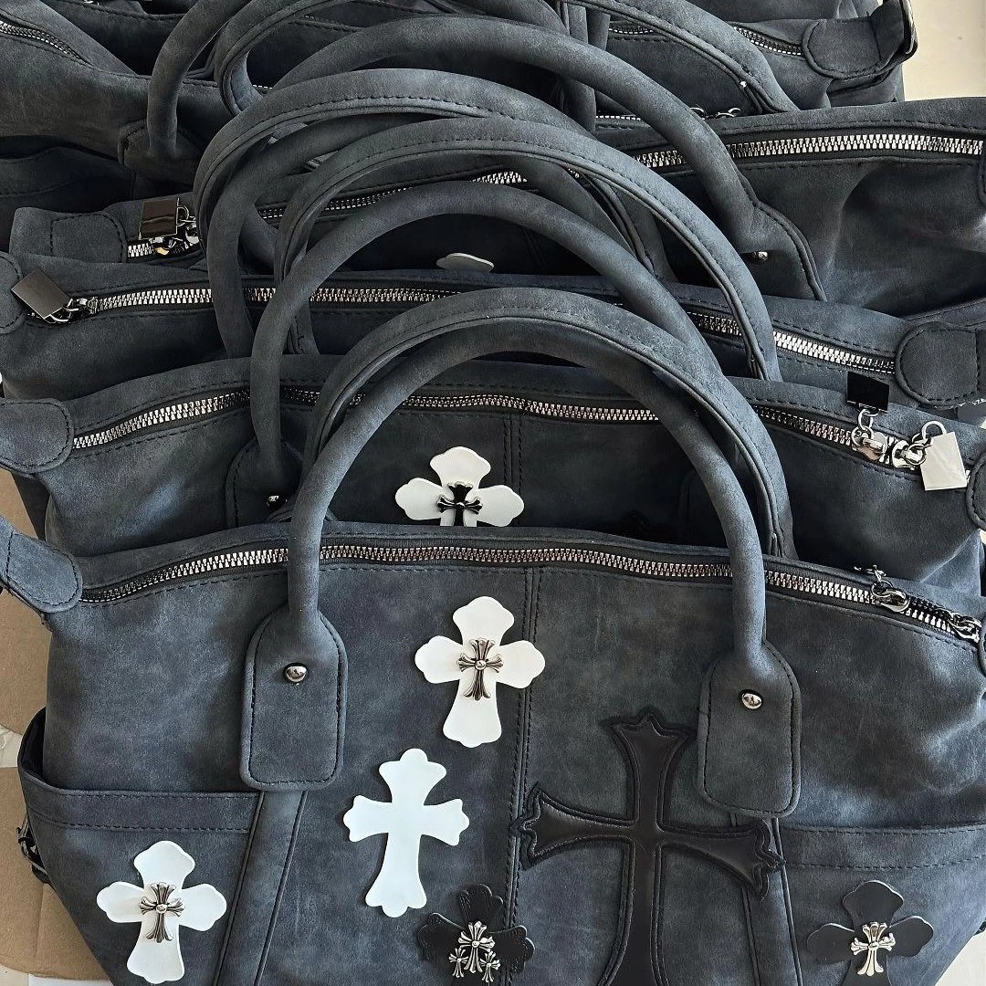 Gray Cross Embellished Suede Handbag