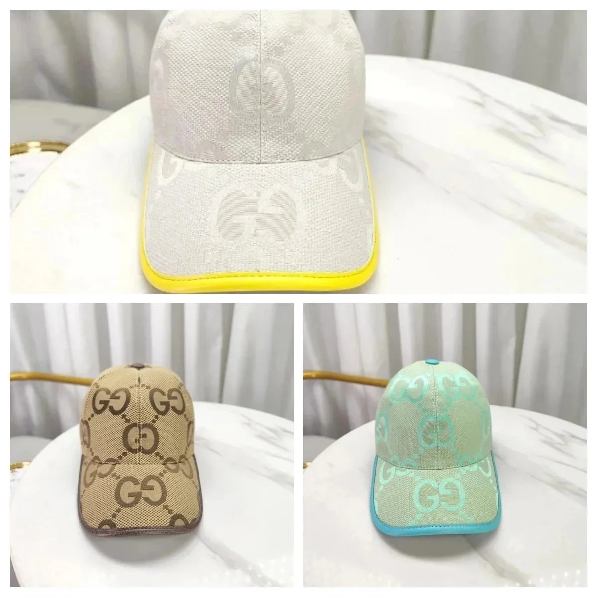 Gucci Beige, Brown, and Mint Baseball Caps with Contrasting Brims