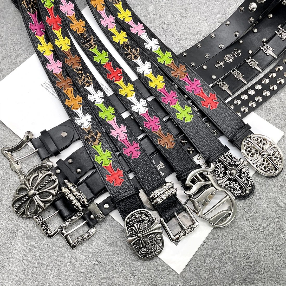 Black Leather Belt with Colorful Cross Embroidery and Silver Buckle