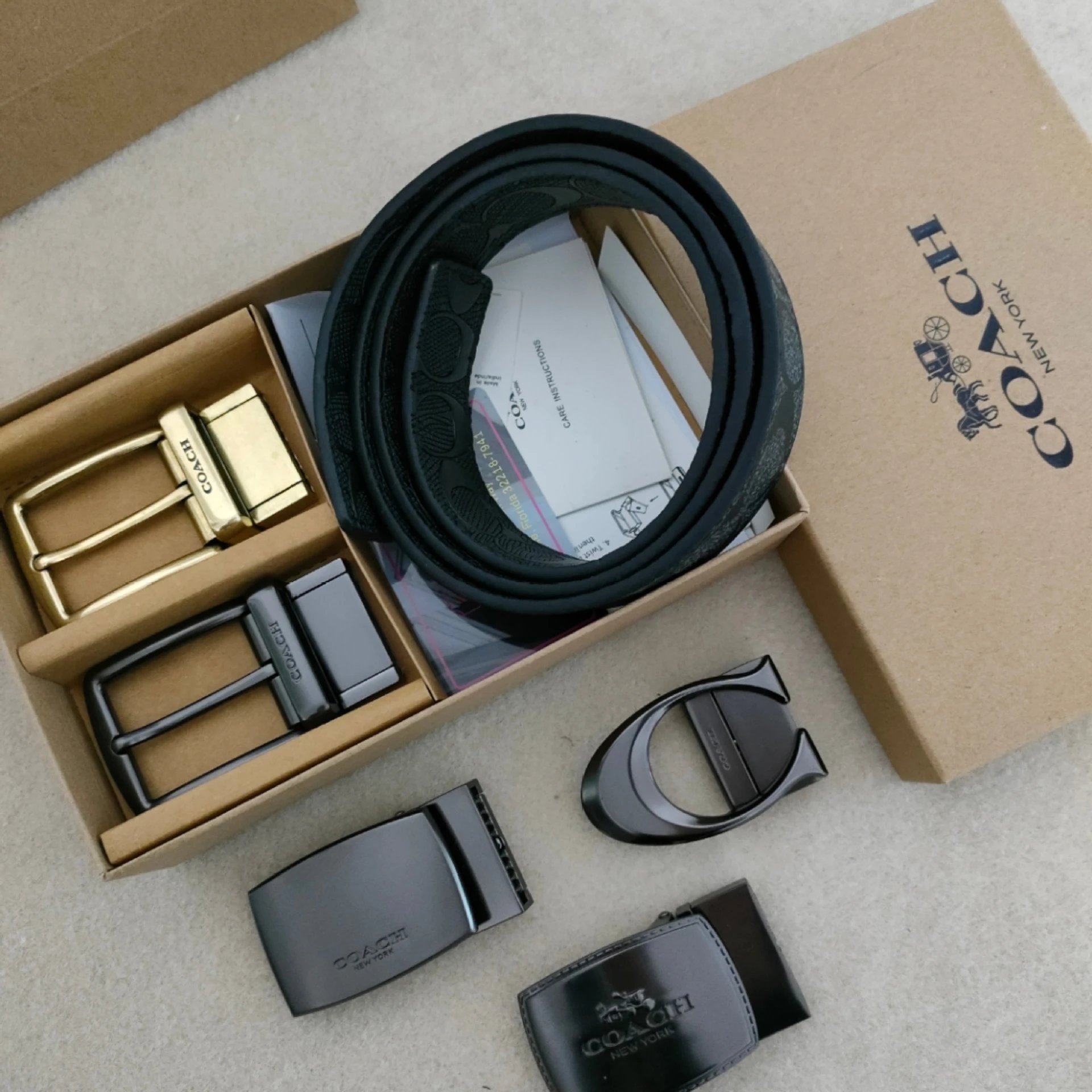 Coach Black Leather Belt with Multiple Buckles